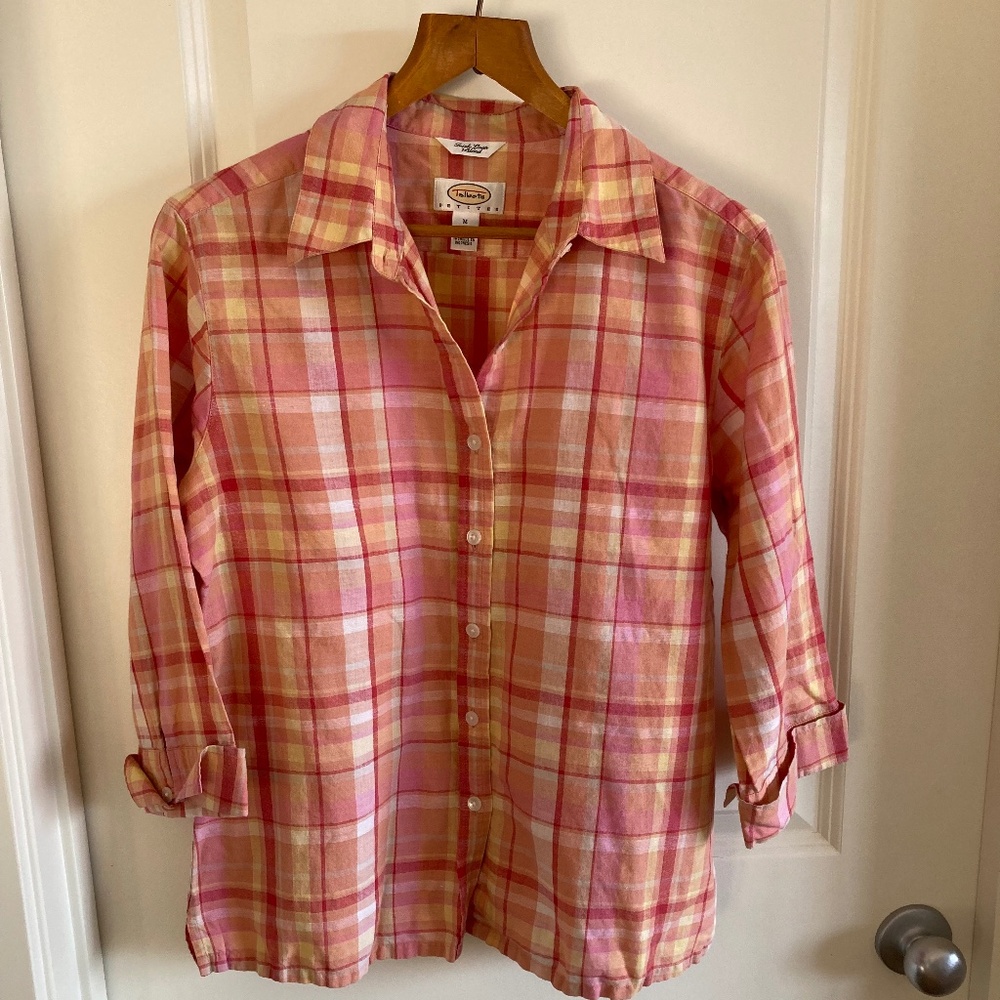 Talbot Petite Irish linen blend Sz M Gingham Button down Blouse EUC